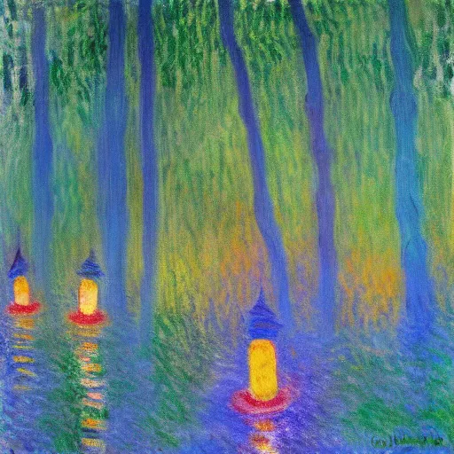 Prompt: painting of raccoon parade through a forest at night with colorful paper lanterns in the style of Claude Monet