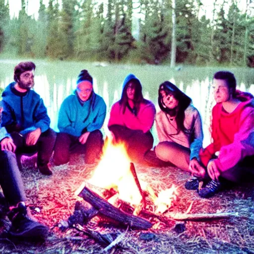 Prompt: grainy 90s poloraid photo of a young woman wearing a Synthwave style hoodie near a campfire, sitting with friends; vintage image artifacts