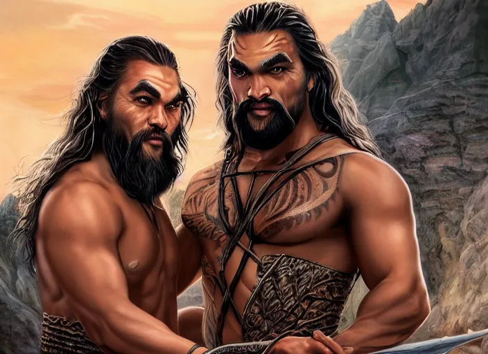 Image similar to jason momoa as khal drago with queen daenerys stormborn by anne stokes and larry elmore, detailed matte painting, realistic portrait, symmetrical, highly detailed, digital painting, artstation, concept art, smooth, sharp focus, illustration, cinematic lighting, 8 k resolution