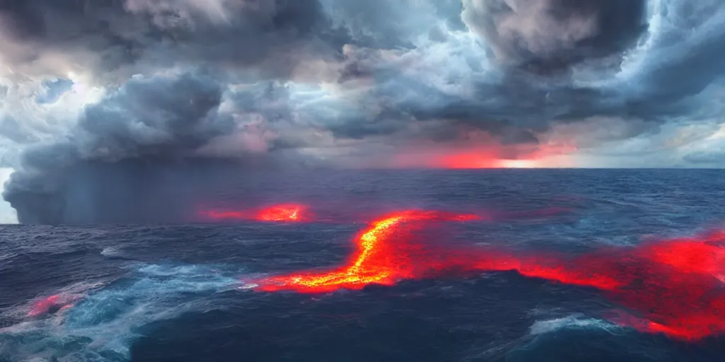 Image similar to dark storm clouds pouring jets of bright lava into the sea below, out at sea, huge swelling iridescent waves, 8k photorealistic, dramatic lighting, chiaroscuro