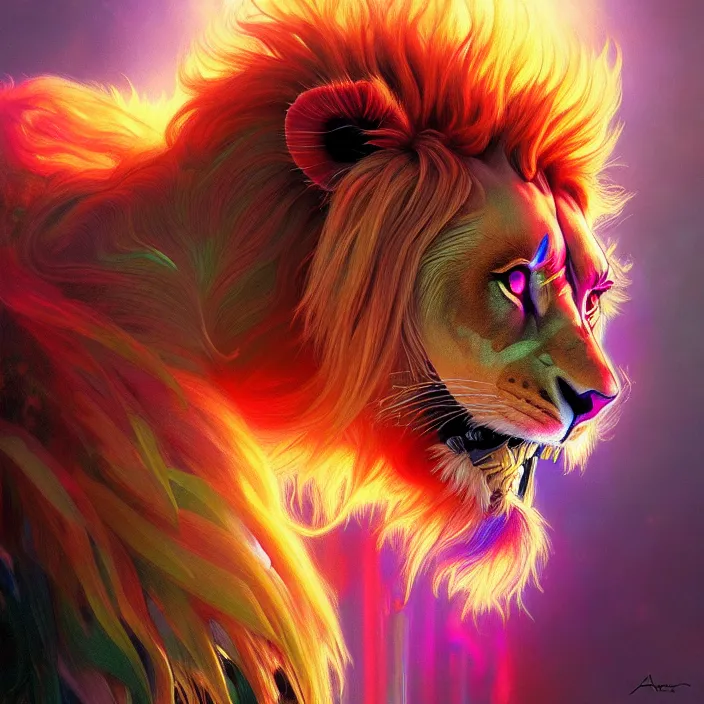 Image similar to bright psychedelic fluffy hairy cyborg lion, diffuse lighting, fantasy, intricate, elegant, highly detailed, lifelike, photorealistic, digital painting, artstation, illustration, concept art, smooth, sharp focus, art by John Collier and Albert Aublet and Krenz Cushart and Artem Demura and Alphonse Mucha