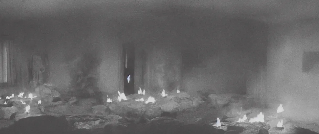 Image similar to film mirror (1975) by andrei tarkovsky, house engulfed by sea of flame, evening