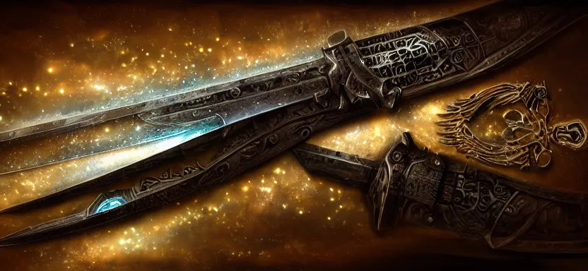 Image similar to legendary cybernetic sword lying flat on a glowing table with a long sharp black and iridescent sword blade, digital award winning hd matte painting, intimate dark moody, intricate, ornate spikes, colorful hilt, detailed realistic, raytraced blade, colored gems, future golden technological pommel, in the style of greg rutkowski and krenz cushart, deviantart