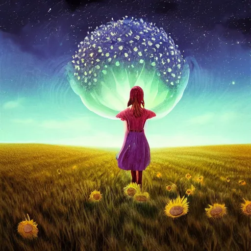 Image similar to giant daisy flower as a head, girl walking in wheat field, hills, surreal photography, moon light, dark night, star trails, dramatic light, impressionist painting, clouds, digital painting, artstation, simon stalenhag