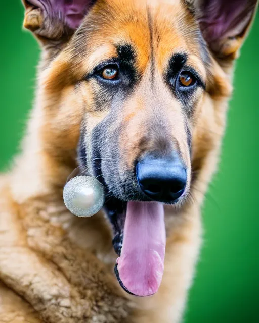 Image similar to An extremely beautiful studio photo of a German Shepherd dog in the style of the Girl With a Pearl Earring, bokeh, 90mm, f/1.4
