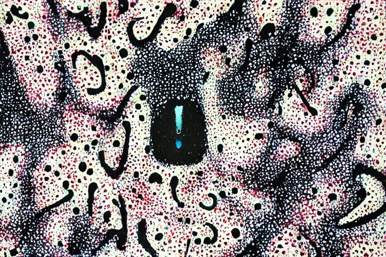 Image similar to teeth, smile, faceless people, black figures, dark, acrylic, clay, dots abstract, dripping, stipple, pointillism, technical, abstract, minimal, style of francis bacon, asymmetry, pulled apart, stretch, cloak, eerie, made of dots, abstraction chemicals, blotter, mask, colored dots, splotch, old painting style