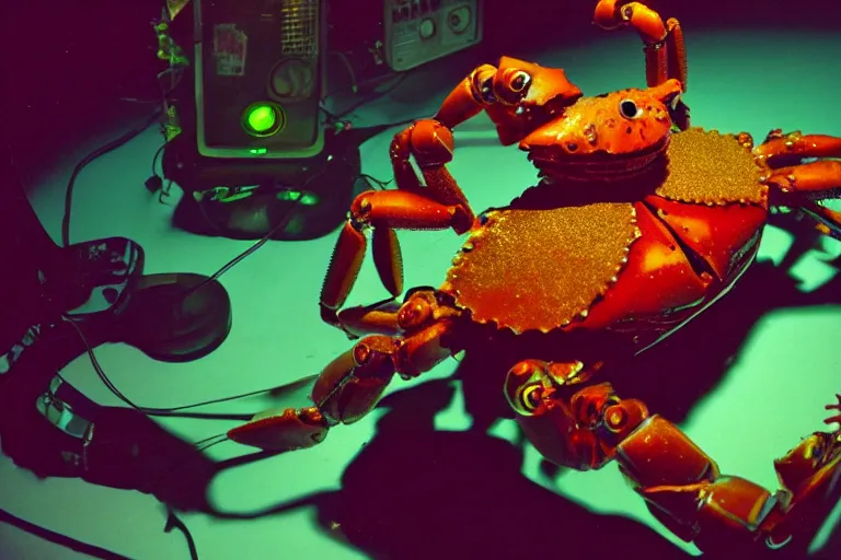 Prompt: robot cute cyborg - crab underwater, in 2 0 1 2, bathed in the the glow of a crt television, crabcore cybercore, low - light photograph, photography by tyler mitchell