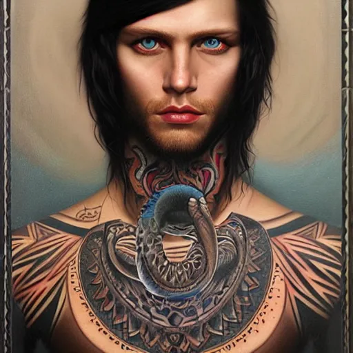 Image similar to ultra realistic portrait painting of a perfect handsome man blue eyes black hair, neck tribal snake tattoo, painted by Tristan Eaton Stanley Artgerm and Tom Bagshaw