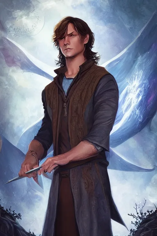 Image similar to sam winchester as a mage in the cover of an acotar book. d & d!, fantasy style, sharp focus!, ultra detailed, art by artgerm, wlop, ilya kuvshinov