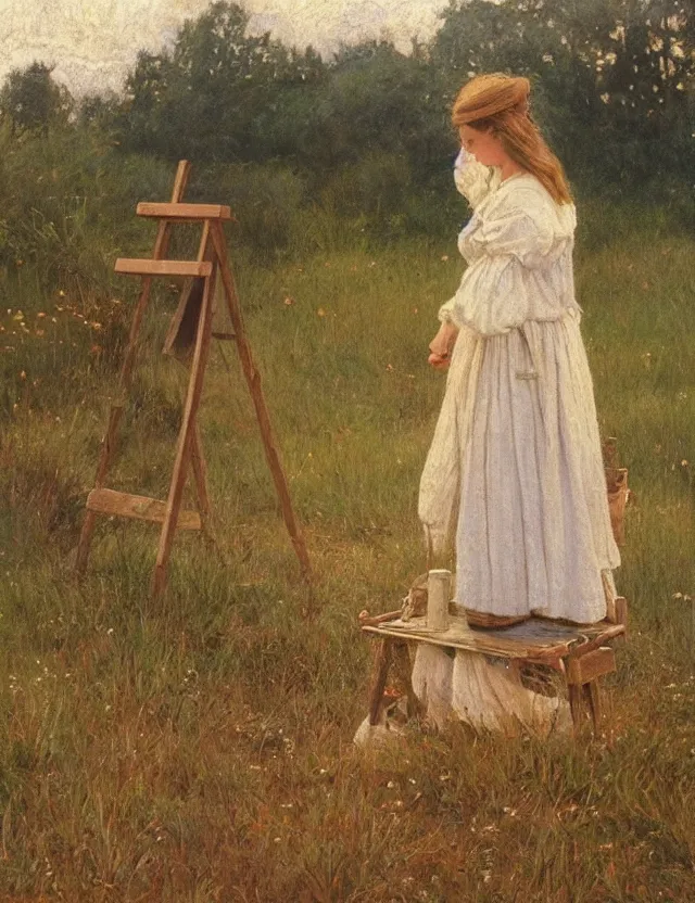 Image similar to peasant girl drawing a landscape on a canvans on an easel, cottage core, cinematic focus, polaroid photo bleached vintage pastel colors high - key lighting, soft lights, foggy, by steve hanks, by lisa yuskavage, by serov valentin, by tarkovsky, detailed, oil on canvas