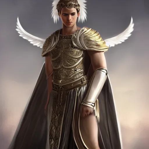 Image similar to male divine androgynous gorgeous, with a white gold high angelic armor, dark epic, roman toga, cinematic lighting, heaven background, concept art, highly detailed, photorealistic, 4 k