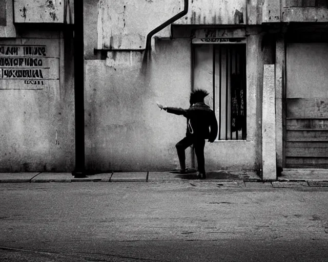 Prompt: Punk rocker, wide shot, street photography, by Fan Ho