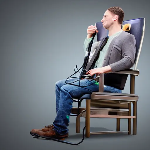 Prompt: person in a chair with their head hooked up to cables and machinery, coherent