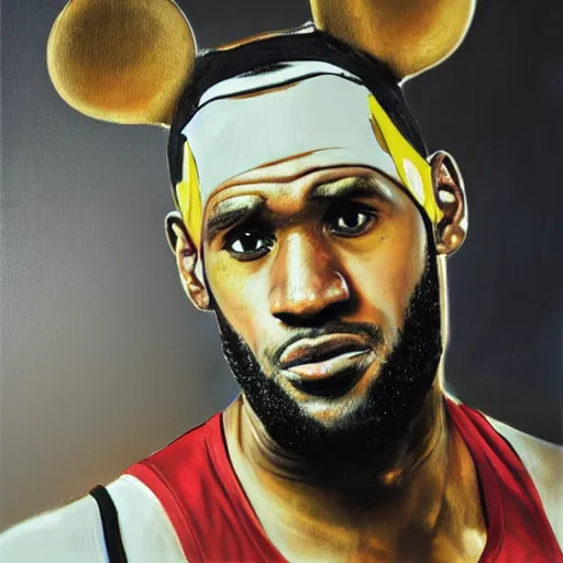 Image similar to facial portrait of lebron james, lebron james dressed as mickey mouse, disney, oil on canvas by william sidney mount, digital art, award winning