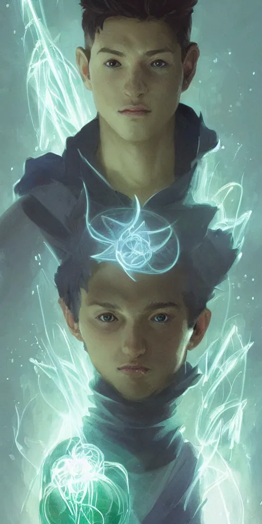 Image similar to character concept portrait of a handsome young wizard with olive skin and buzzed short spiky hairstyle casting a glowing spell with glowing runes, a floating iridescent spell book, intricate, elegant, digital painting, concept art, smooth, sharp focus, illustration, from Metal Gear, by Ruan Jia and Mandy Jurgens and Artgerm and William-Adolphe Bouguereau