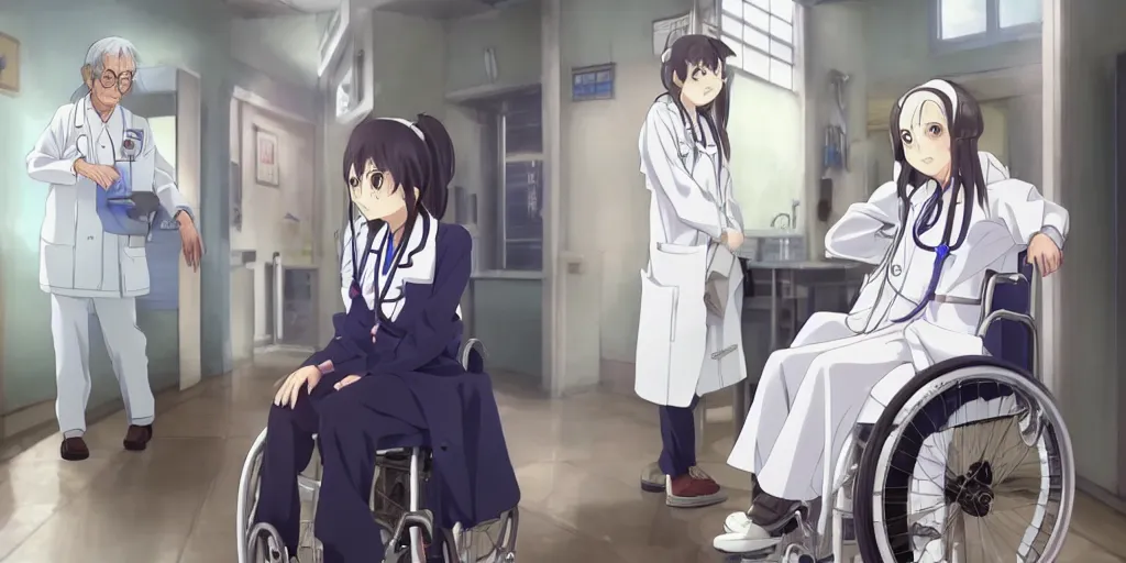 Prompt: a cute young female doctor wearing white coat, an old patient of 80 years in a wheelchair, hospital ward, slice of life anime, cinematic, realistic, anime scenery by Naoshi Arakawa:8 and Makoto shinkai