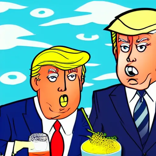 Prompt: cartoon drawing of Biden and Trump together drinking a caipirinha with Rio de Janeiro on the background, cute, cartoon, Disney, friendly, detailed