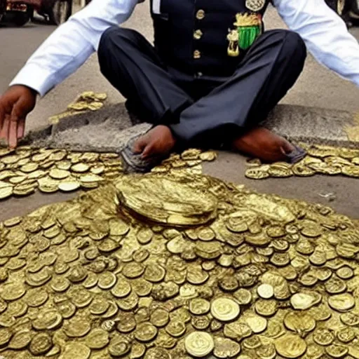 Prompt: photograph of a corrupted Bangladeshi Police officer sitting on a huge pile of cash, gold and coins