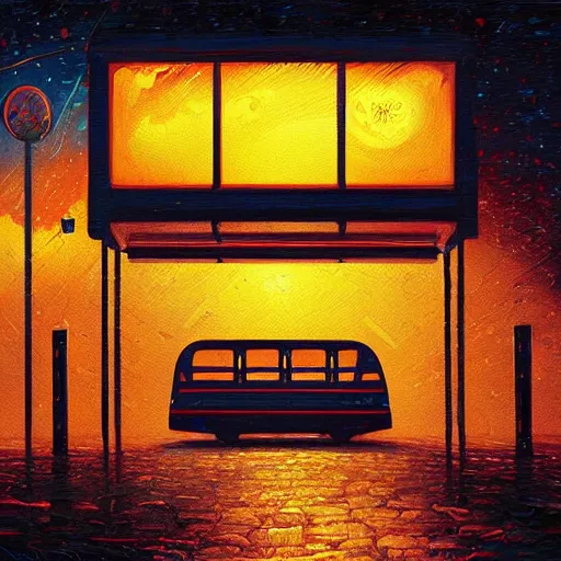 Prompt: dark room bus stop, painting by Dan Mumford and Filip Hodas,ArtStation