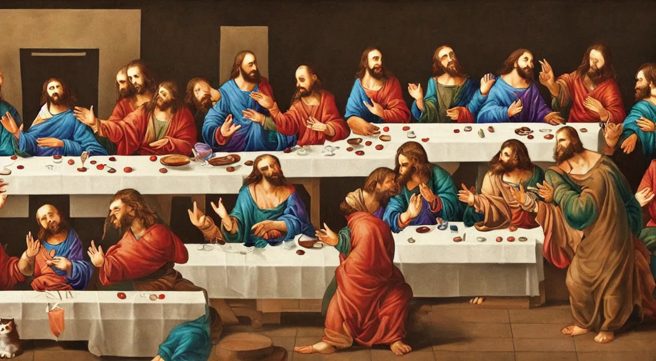 Image similar to painting of the last supper portrayed by cute cats