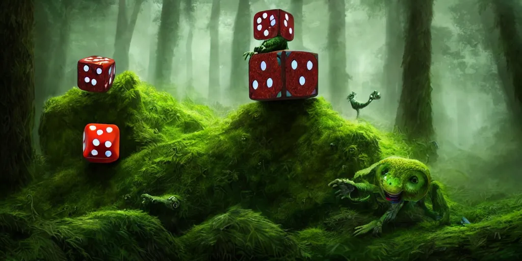 Image similar to anthropomorphic - cube - dice, lurking in the forest, cube - dice with little arms and legs, glowing energy, fantasy magic, by willian murai and jason chan and marco bucci, hyper detailed and realistic, illustration, sharp focus, cinematic, rule of thirds, forestpunk