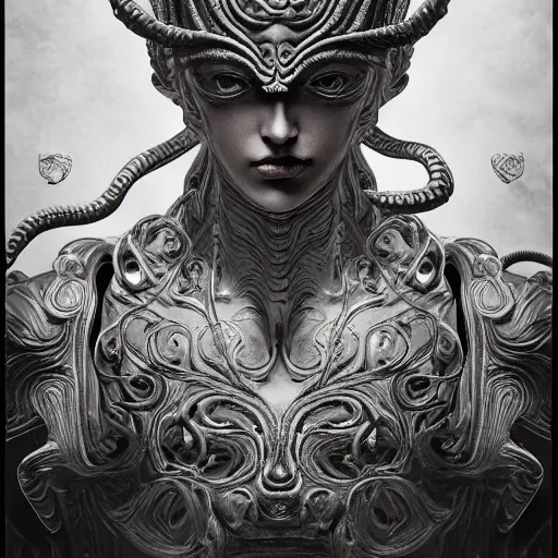 Prompt: medusa, highly detailed, symmetrical long head, smooth marble surfaces, detailed ink illustration, raiden metal gear, cinematic smooth stone, deep aesthetic, concept art, post process, 4k, carved marble texture and silk cloth, latex skin, highly ornate intricate details, in the style of frank miller