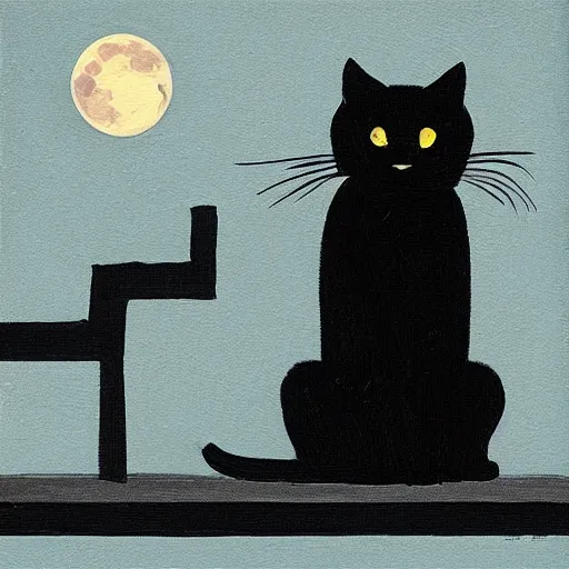 Image similar to “A black cat on top of a building at night with a full moon in the style of Vincent Van Vogh”