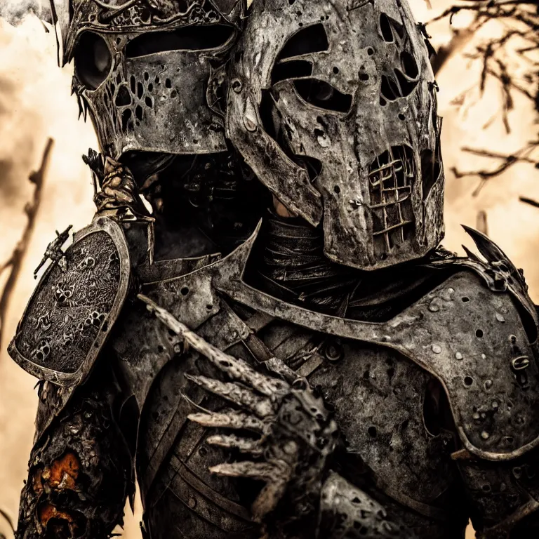 Prompt: undead man in armour in burned forest full of smoke, medieval style, highly detailed, smooth, sharp focus, character portrait, portrait, close up, concept art, intricate details, goth, medieval poster, 8 k. lifelike. dark light. nikon d 8 5 0