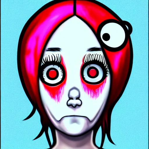 Image similar to digital drawing of the coke logo personified as a soda themed girl in the style of the youtuber lavender towne, large creepy eyes, extremely detailed and colorful eyes, digital art, deviant art, soda themed girl, hyper detailed eyes, money sign pupils, tim burton, scratchy lines, junji ito