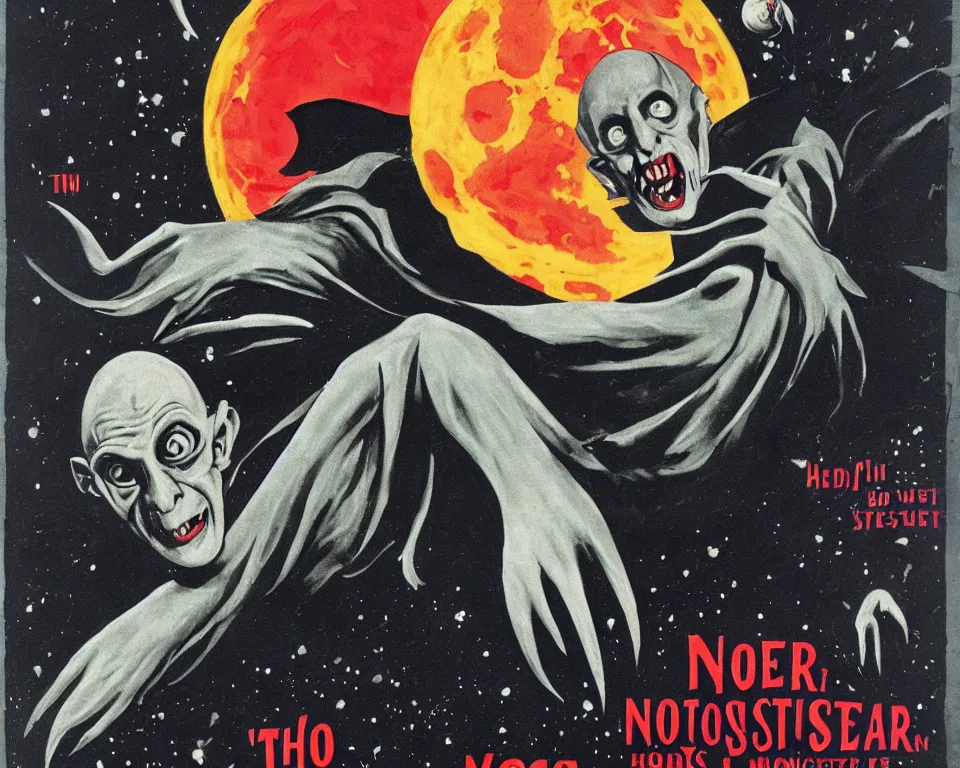 Prompt: a vintage horror movie poster featuring Nosferatu in space