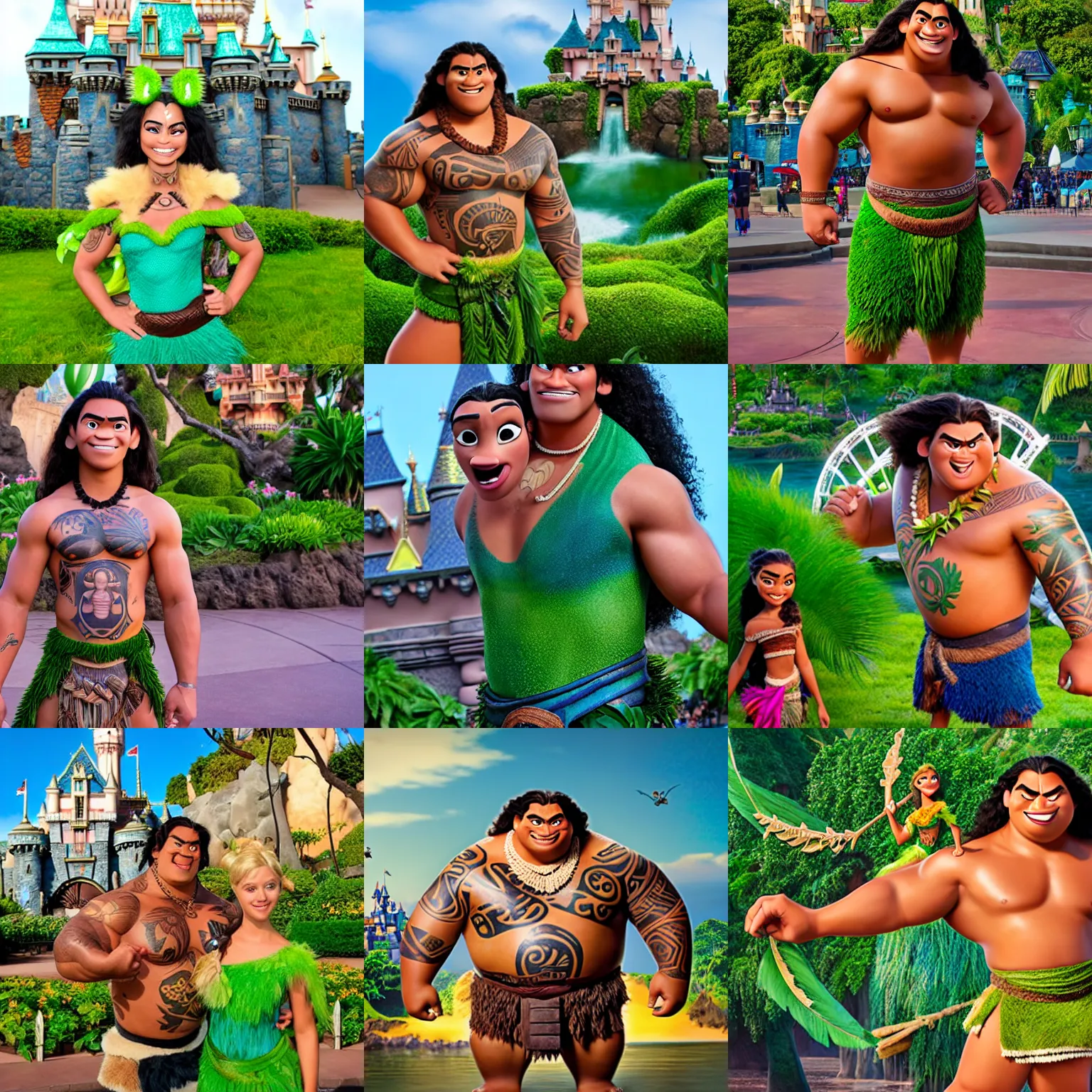 Prompt: maui, male demigod from the movie moana at disneyland, muscular, tattoos all over body, dressed as tinkerbell, with green eyeshadow, green dress, standing in front of sleeping beauty castle, background is disneyland castle, realistic photo, as real person