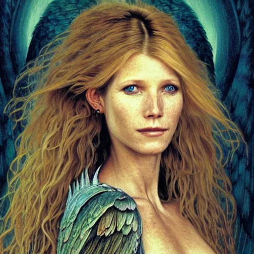 Prompt: head and shoulders portrait of a harpy portrayed by gwynneth paltrow, d & d, fantasy, luis royo, magali villeneuve, donato giancola, wlop, krenz cushart, hans zatka, klimt, alphonse mucha