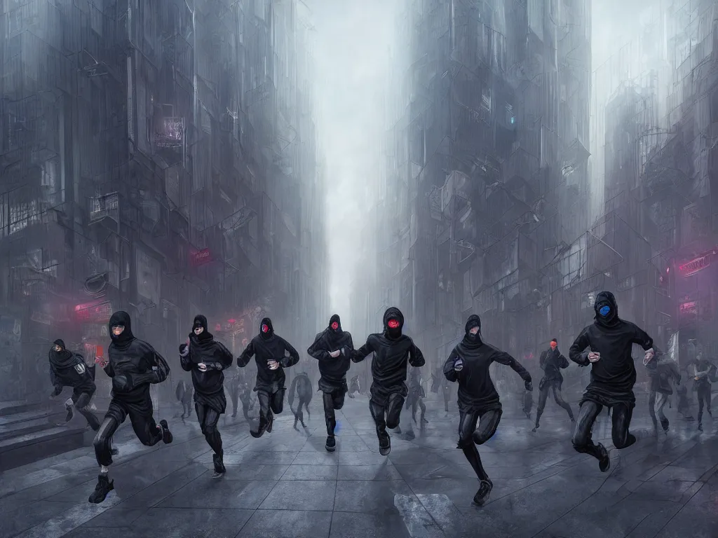 Image similar to a hyperrealistic matte painting of a group of rebellious hackers, clothed in techwear, running through the streets of a dystopian city, matte painting, intricate detail, polished, concept art, trending on artstation