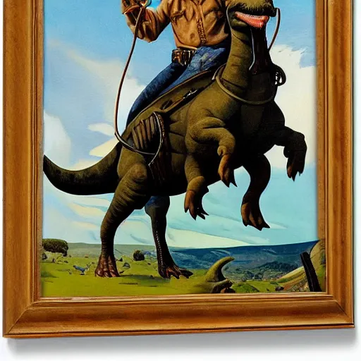 Image similar to a painting of a cowboy riding a dinosaur in the style of n. c. wyeth.