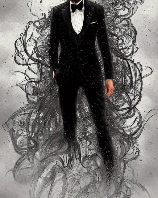 Prompt: a highly detailed portrait of carlos valdes radiating a powerful energy aura, ornate black tuxedo, clean - shaven!!, wispy tendrils of smoke, intricate, digital painting, old english, raining, sepia, particles floating, whimsical background by marc simonetti, artwork by liam wong