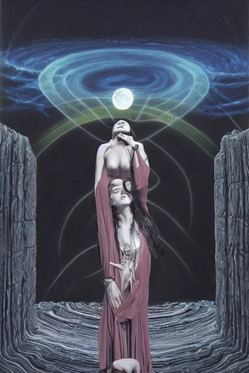 Prompt: gorgeous robed cult girl performing realism third eye ritual, dark theme night time, expanding energy into waves into the ethos, epic surrealism 8k oil painting, portrait, perspective, high definition, post modernist layering, by David A. Hardy, Gerald Brom