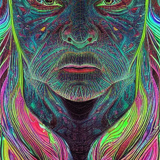 Image similar to dark portrait of one Bioluminescent old shaman, with cracked reaction diffusion semi-transparent skin. multicolored fish scales, closeup. long dark hair with insects. realistic. intricate, very detailed, by alex grey and Moebius