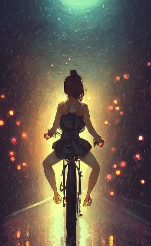 Image similar to a beautiful illustration of a woman riding a bicycle in a rainy night, fiery particles!!!, anime aesthetic, midnight theme, depth of field, bokeh, composition study, featured on artstation, by art by artgerm and greg rutkowski and alphonse mucha, vertical orientation