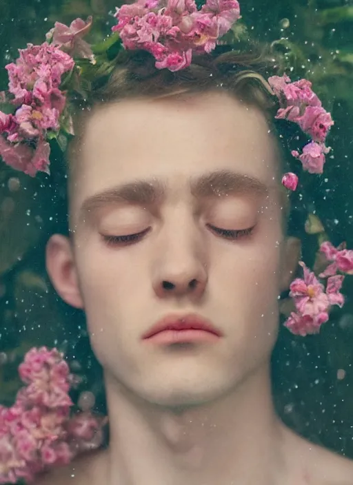 Prompt: Kodak Portra 400, 8K,ARTSTATION, Caroline Gariba, soft light, volumetric lighting, highly detailed, britt marling style 3/4 , extreme Close-up portrait photography of a Dorian Electra hiding in flowers how pre-Raphaelites with his eyes closed,inspired by Ophelia paint, his face is under water Pamukkale, raining, crying face above water in soapy bath tub, hair are intricate with highly detailed realistic , Realistic, Refined, Highly Detailed, interstellar outdoor soft pastel lighting colors scheme, outdoor fine photography, Hyper realistic, photo realistic