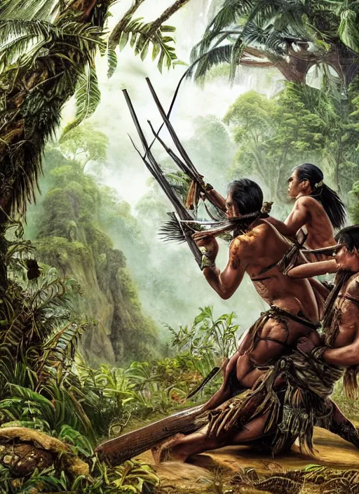 Prompt: two indigenous people hunting together in the jungle, fantasy art, highly detailed, matte painting, realistic bodies, high detail faces