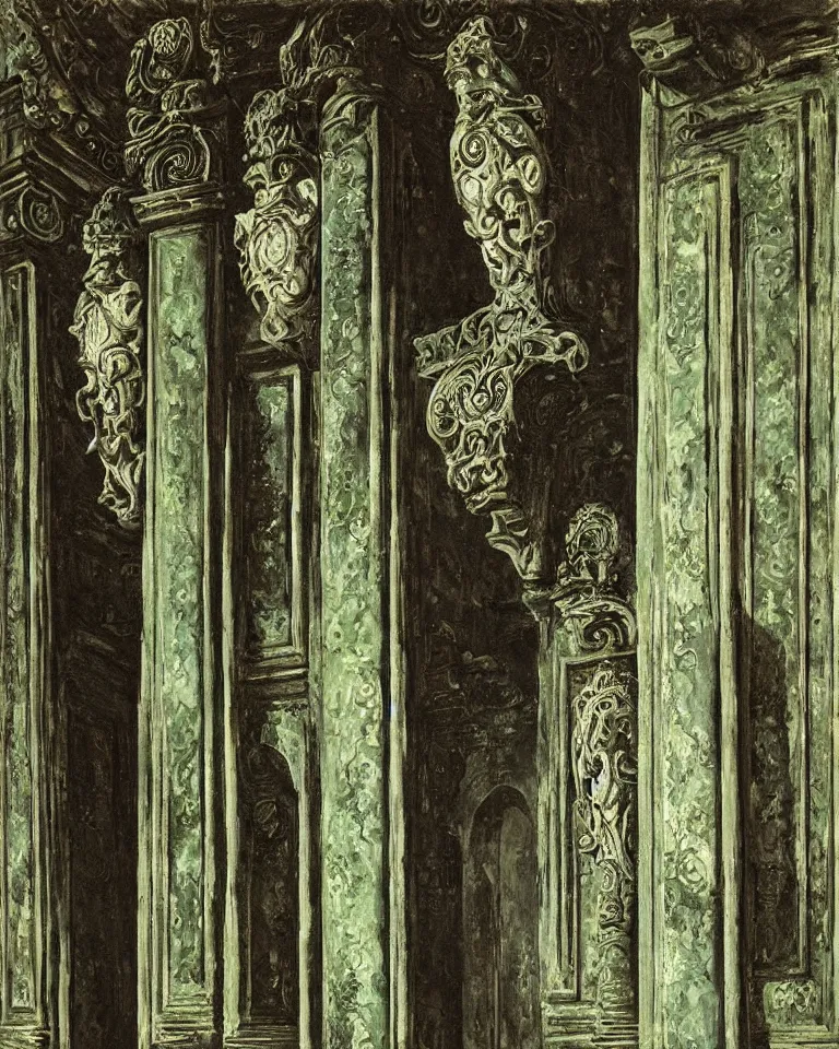 Image similar to achingly beautiful painting of intricate ancient giger columns and epic giger door on jade background by rene magritte, monet, and turner. giovanni battista piranesi. giuseppe sacconi, ettore ferrari, manfredo manfredi, gaetano koch, pio piacentini