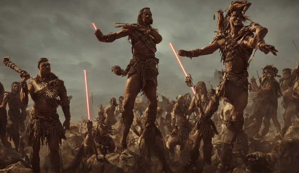 Image similar to an ancient tribesman with laser sword standing in front of barbarian horde, dramatic lighting, cinematic, establishing shot, extremely high detail, photorealistic, cinematic lighting, artstation, octane render, western,old photo, vintage