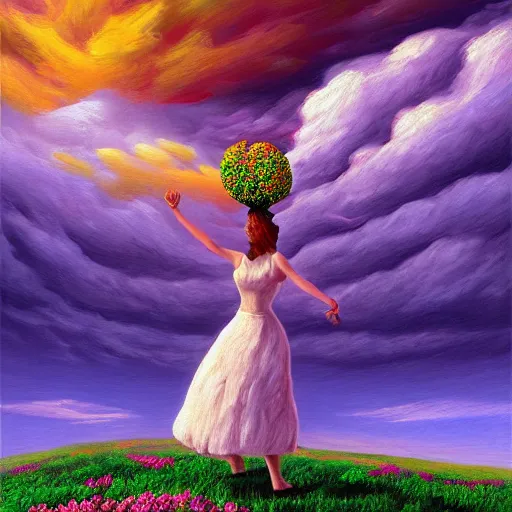 Image similar to giant flower head, frontal, woman standing on mountain, surreal photography, stormy sky, colorful clouds, impressionist painting, digital painting, artstation, rob gonsalves