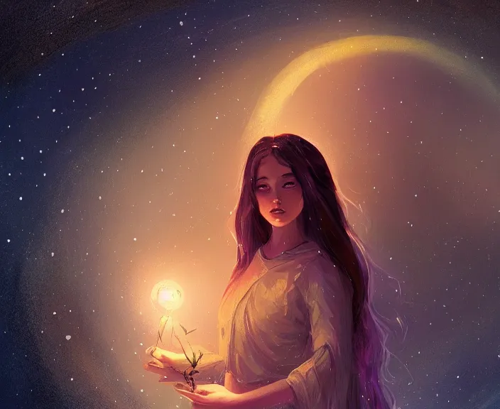 Prompt: an illustration of a mystical spiritual scene with a young woman in it, with starry dusted light and a moon, high contrast, highly detailed, sharp focus, digital painting, illustration, trending on artstation,