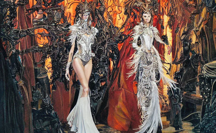 Prompt: fashion model walking down a catwalk, elaborate dress by alexander mcqueen, art by michael whelan and chris moore and howard david johnson and tim white and dan giancola