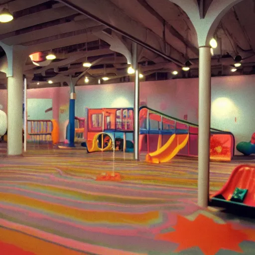 Prompt: Lowly-lit indoor playground from the 1990s, no people around