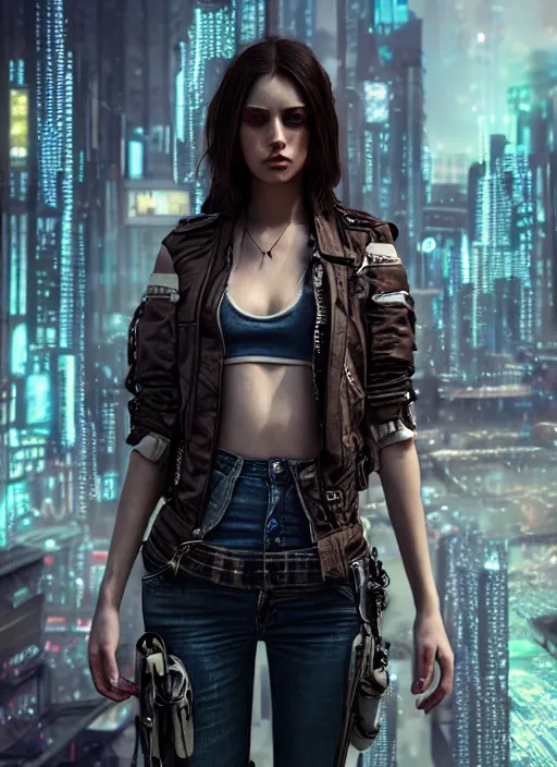 Image similar to 3 / 4 portrait, emma slave, gang clothing, brunette, long hair, fashion, id magazine, hyperrealism, detailed textures, photorealistic, 3 d cyberpunk apocalyptic city, ultra realistic, cinematic, intricate, cinematic light, unreal engine 8 k, octane render, unreal engine, david kostic, artgerm