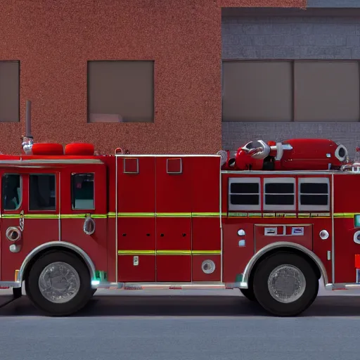 Image similar to octane, renderman 3 d render of an fire truck in a city