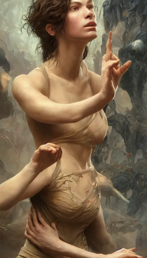 Image similar to epic masterpiece mila jovovic, sweaty skin, hyperrealistic, octane render, cinematic, beautiful face and flawless skin, perfect hands, 5 fingers, by Edgar Maxence and Ross Tran and Michael Whelan, Legends of Runeterra