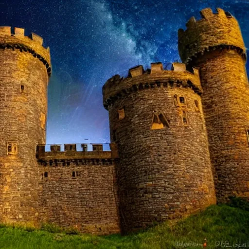 Prompt: A sunlit castle of dreams surrounded by rolling hills under a night sky filled with shooting stars